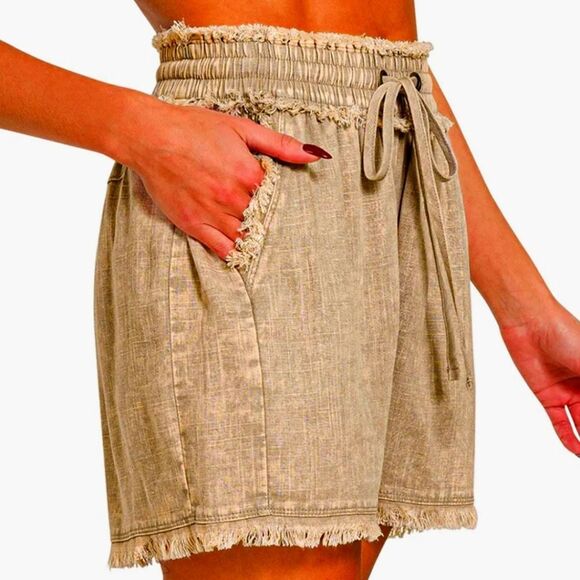 Zenana Brown Tan Drawstring Elastic Waist Linen Blend Raw Hem Pants Size M - Picture 8 of 8